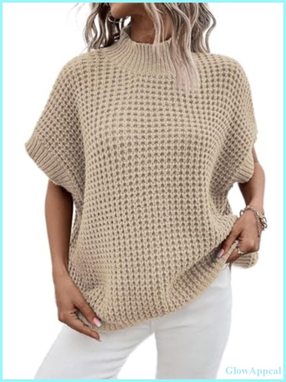 Oversized Batwing Short Sleeve Mock Neck Sweater Vest Sleeveless Knit Pullover